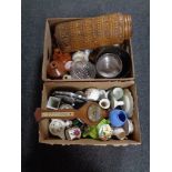 Two boxes containing West German vase, stoneware bottles, plated wares, barometer,