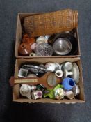 Two boxes containing West German vase, stoneware bottles, plated wares, barometer,