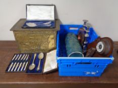 A crate of cased cutlery, West German vase, candlesticks, glass paperweight,