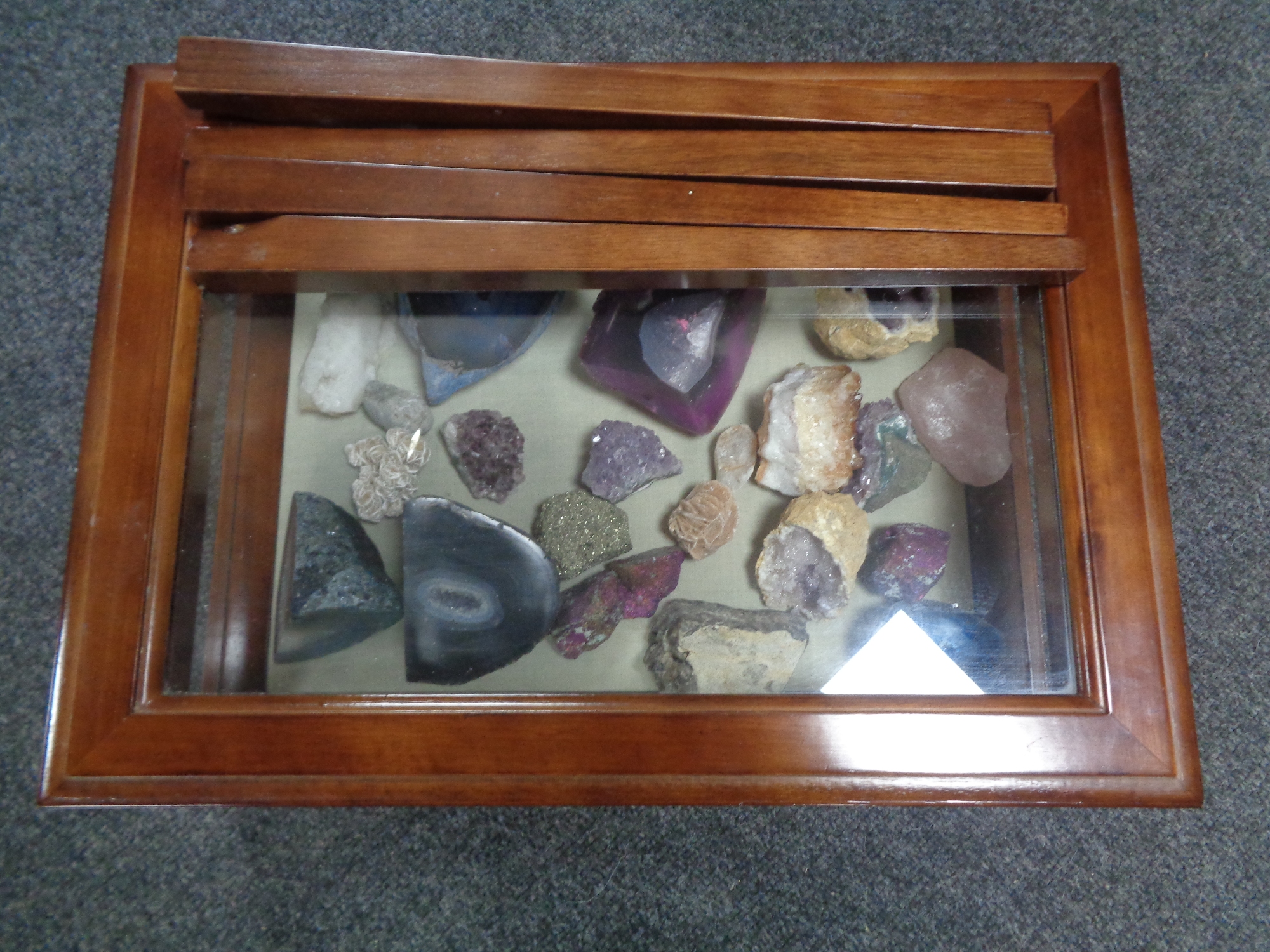 A curio display table containing rock samples
