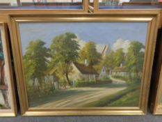 Continental school : Village lane, oil on canvas, framed.