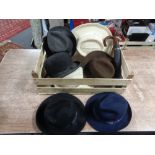 A box of assorted hats - gent's bowler hat, lady's fedoras,