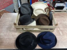 A box of assorted hats - gent's bowler hat, lady's fedoras,