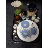 A tray of Royal Doulton Lambeth teapot, Wedgwood trinket dishes, Evesham plate,