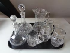 A tray of assorted glass ware to include ship's decanter, glass water jug,