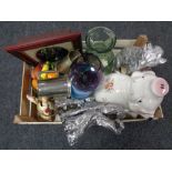 A box of contemporary vases, larger ceramic money box,