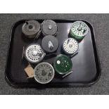 A tray of eight fly fishing reels to include Rim Fly Concept 395, with spare spool, Olympic 4320,