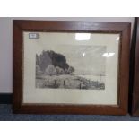 An early twentieth century monochrome print depicting marshland in an oak frame