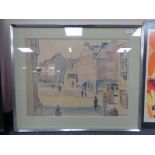 Continental school : Buildings in a town, watercolour, signed.