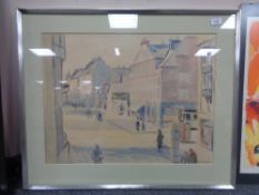 Continental school : Buildings in a town, watercolour, signed.