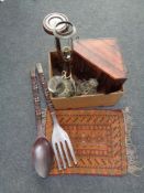 A box of pine corner cabinet, Eastern rug, wooden table lamp, light fittings,