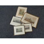 Three framed colour etchings of Scotswood, North & South Shields, Tynemouth Priory,
