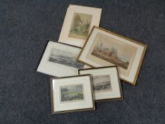 Three framed colour etchings of Scotswood, North & South Shields, Tynemouth Priory,