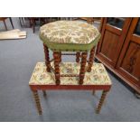 A tapestry upholstered dressing table stool on turned beech legs together with one other hexagonal