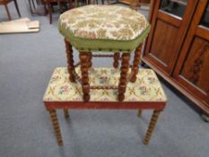 A tapestry upholstered dressing table stool on turned beech legs together with one other hexagonal