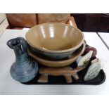 A tray of 20th century pottery items to include kitchen mixing bowls, vases, marble paperweights,