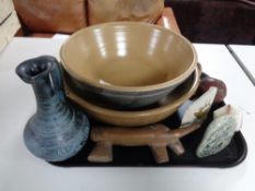 A tray of 20th century pottery items to include kitchen mixing bowls, vases, marble paperweights,