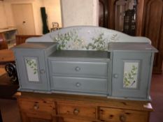 A painted antique pine side board back fitted two drawers and cupboards