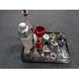 A tray of assorted glass ware to include mid 20th century vases, two-tone glass liqueur decanter,