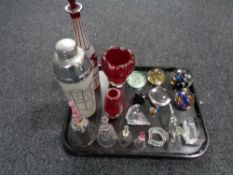 A tray of assorted glass ware to include mid 20th century vases, two-tone glass liqueur decanter,