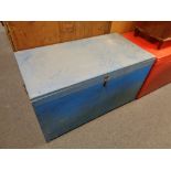 A blue painted pine blanket box