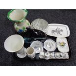 A tray of assorted china to include Poole dolphin, Shelley octagonal trinket dishes,