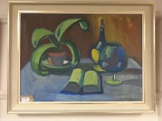 Continental school : Still life with glass bottle and plant, framed.