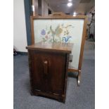 An Edwardian oak framed fire screen and a coal receiver with liner