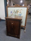 An Edwardian oak framed fire screen and a coal receiver with liner