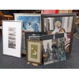 Eight assorted framed pictures to include Disney Snow White poster, contemporary art,