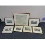 A framed continental map and six Hogarth framed colour etchings of Hexham and Northumberland