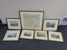 A framed continental map and six Hogarth framed colour etchings of Hexham and Northumberland