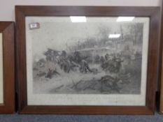 An early twentieth century monochrome engraving depicting a battlefield in an inlaid mahogany