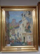 Continental school : Village lane with figures, oil on canvas, framed.