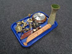 A tray of hunting knives, fishing reel, brass ornaments, barometer,