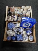 Two boxes of Ringtons china to include willow pattern caddies, tea china, castle tea jars, mugs,