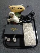 A tray of Super Zenith 8x30 field glasses, metal embossed jewellery box,