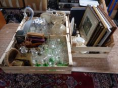 Three crates of glass ware, carriage clocks, tea china, Silver Jubilee pieces, framed pictures,