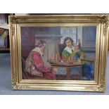 A continental school gilt framed oil on canvas, two figures in period dress playing chess,