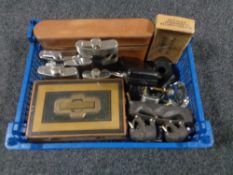 A basket of gent's travel set, hip flasks, treen pot with silver label, cash box,