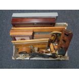 A crate of wall mounted curio cabinet, fire irons, treen tray,