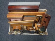 A crate of wall mounted curio cabinet, fire irons, treen tray,