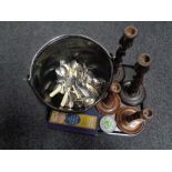 A tray of pair of Edwardian oak barley twist candlesticks, glass paperweight,