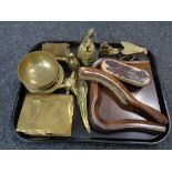 A tray of assorted brass ware to included trinket box in the form of a book, Eastern dishes,