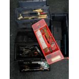 Three plastic tool boxes of hand tools