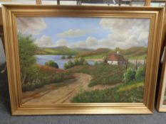 Continental school : Thatched cottage by a lake, oil on canvas, framed.