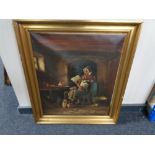 A 20th century continental school gilt framed oil on canvas, two figures in a kitchen, signed E.