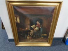 A 20th century continental school gilt framed oil on canvas, two figures in a kitchen, signed E.