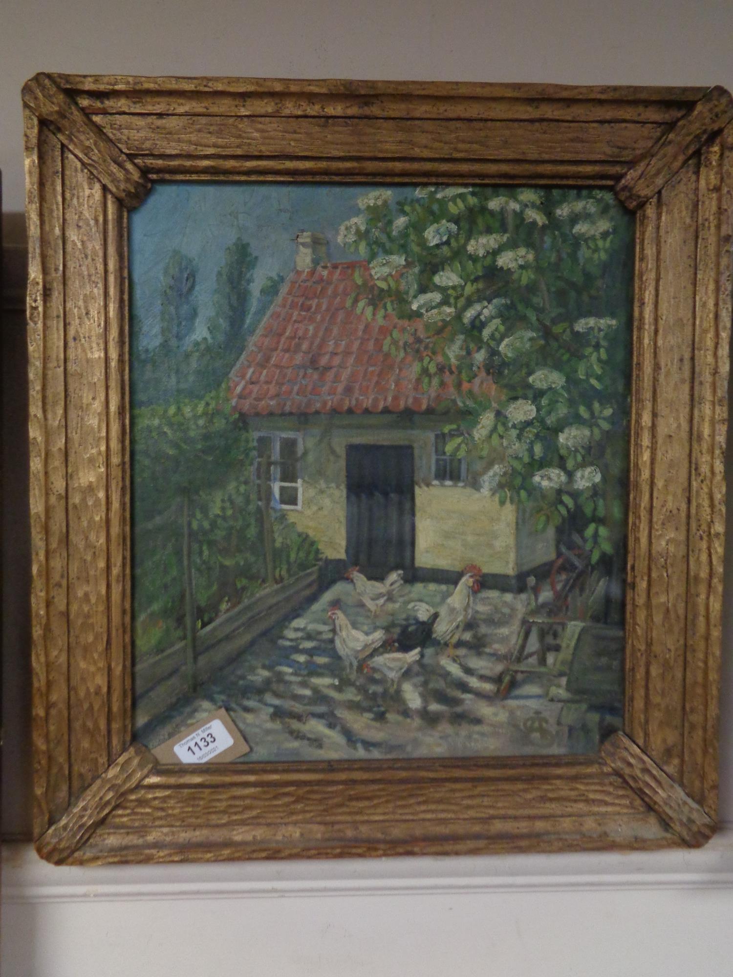 Continental school : Chickens in a courtyard, oil on canvas, framed.