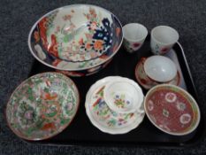 A tray of antique and later oriental wares to include famille rose bowl, Imari bowl,